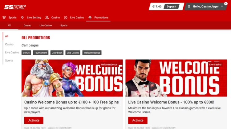 55Bet Casino Promoties en Bonussen